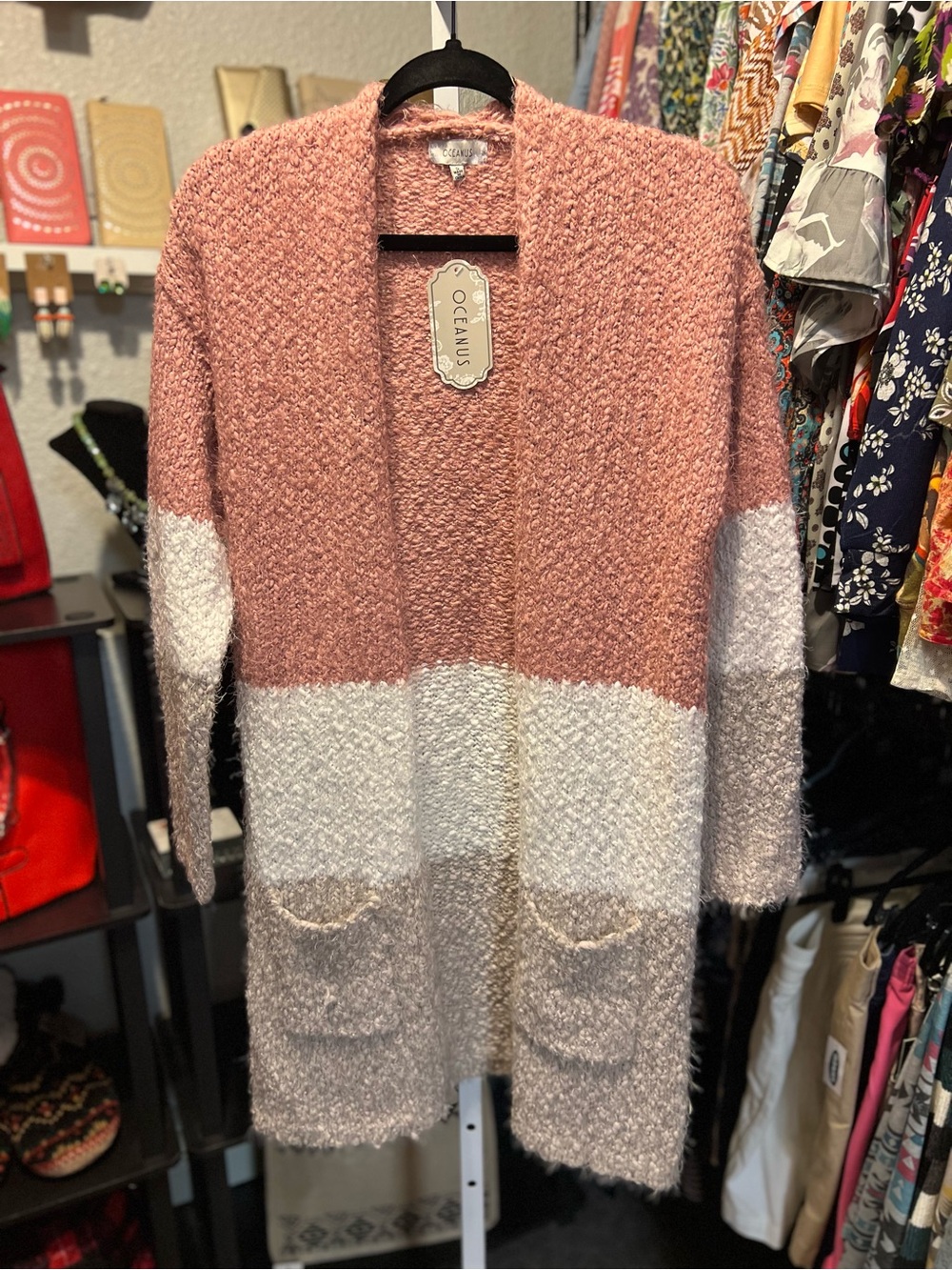 Oceanus Colorblock Open Front Sweater - Mauve, White, Tan
